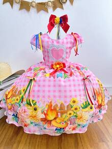 Vestido Infantil Festa Junina Arraiá Caipira São João Rosa Xadrez com Girassol