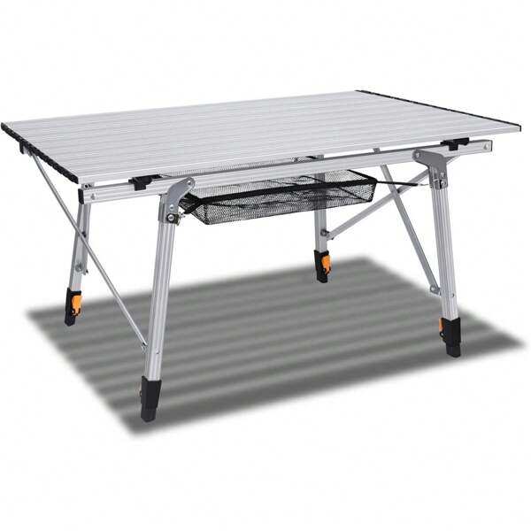 TATIVALO Campingtisch Faltbar aus Aluminium Höhenverstellbar Klapptisch Camping Zubehör 45x90x52cm Falttisch mit Netzbeutel und Tragetaschen Tisch für Camping Terrassenfeste Angeln bis 30 kg (Silber)