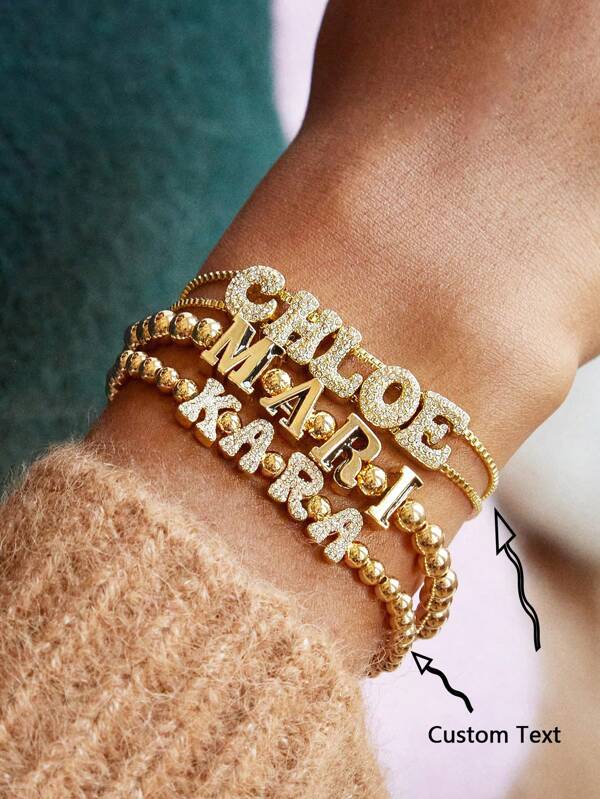 1pc Custom Nameplate Double Layer Sliding Letter Adjustable Bracelet, With Simulated Zirconia, Suitable For Women's Daily Wear, Gift For Valentine's Day, Mother's Day, Anniversary, Color Options: Gold, Fashion, Multicolor, Retro, Hip Hop, Simple, Y2K, Personalized, Unique, Ideal Gift For Him