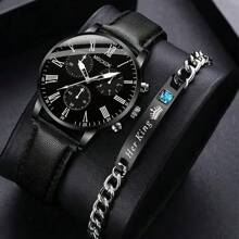 Conjunto de 2 relojes de hombre con pulsera de joyas de accesorios tipo Hip Hop - Reloj de cuarzo con esfera de números romanos y tres ojos, correa de PU, casual y de moda - Ideal como regalo para fiesta, playa, vacaciones o San Valentín
