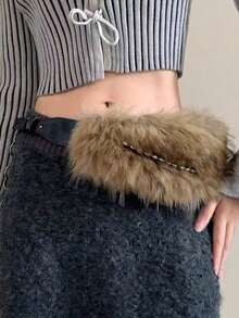 1 件人造毛皮可爱 PU（皮革）一体式系带毛茸茸腰带，复古性感风格，适合春季、夏季、秋季、冬季秋季、万圣节 - 棕色毛毛皮帶款 - 查看 6