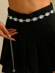 1 件波西米亚方形玻璃钻石腰链，优雅甜美百搭时尚腰带，适合连衣裙，复古几何银色方形腰带链适合女性日常和派对穿着