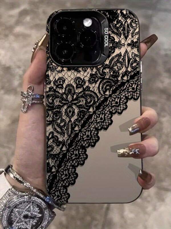 Fashionable Luxury Black Lace Print Partial Screen Phone Case Compatible With 17/16/15 Pro Max, Also Fits 14/13/12/11 Models And XS/XR, With Anti-Pollution Feature