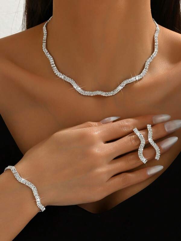 4 pièces Set de bijoux pour femmes - Collier, Boucles d'oreilles, Bracelet, Motif Losange, Fête/Mariage/Remise des diplômes