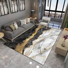 Tapete artístico grande em estilo nórdico, em mármore e dourado, feito de veludo cristal com fundo de borracha antiderrapante, lavável à máquina, material espesso e denso que previne o desbotamento, adequado para salas de estar e quartos. Azul-marinho com detalhes dourados, ideal para feriados como Natal, Ação de Graças, Páscoa, Dia das Mães e Dia dos Pais. Decoração de quarto, acessórios para banheiro, volta às aulas, decoração para entrada, banheiro, cozinha. - Multicolorido - Ver 1