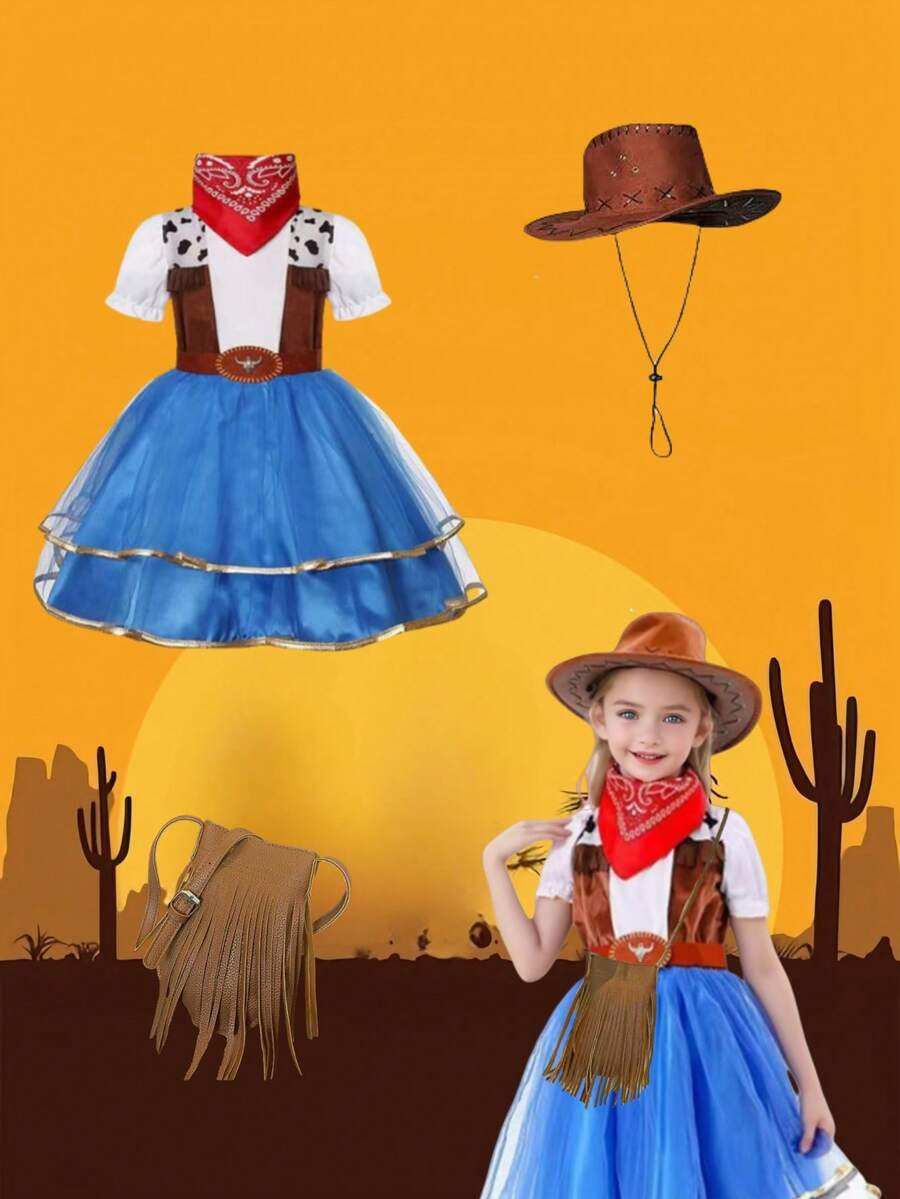Disfraz de vaquera para niñas, conjunto de vaquera occidental para niños con sombrero, disfraz de vaquera para niñas para Halloween, cumpleaños, fiesta de Navidad y disfraz - Ver 1