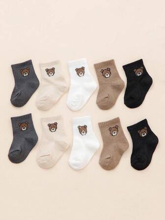 10 双可爱婴儿幼儿袜子，带有熊图案 - 中筒，款式简约，舒适透气，男女通用，适合所有季节（春、夏、秋、冬）