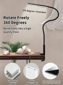 1pc LED Desk Lamp With Clip, Eye-Caring Clamp Light, 3 Brightness Modes, Long & Flexible Gooseneck Arm, Metal Material, Rotatable Lamp Arm, Suitable For Architect Workbench, Bedside, Dorm, Home Office & Living Room Reading - one-size - View 9