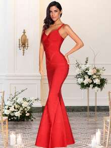Solid Color Halter Long Bandage Dresses Wedding Prom Gowns Prom Dresses Dresses - Red - View 2