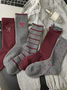 5 Pairs Grey Knitted Thigh High Socks, Women Ribbed Mid-Calf Socks