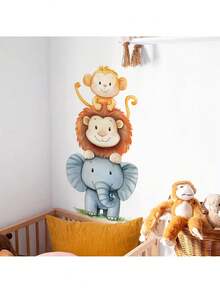 1pc Watercolor Cute Animal Wall Sticker - Elephant And Monkey Design - PVC Self-Adhesive Mural - Suitable For Game Room/Kids Room Decor, Living Room, Door, Kindergarten, Classroom, Home Decor & Gift