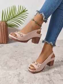 2025 Summer New Chain Thick Heel One-Buckle Sandals Commuting High-End Wide-Fit Fashionable Women High Heel Sandals