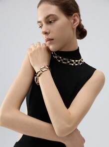 1set Fashionable Hollow Geometric Square Metal Chain Necklace & Bracelet Jewelry Set, Gift For Women Christmas Winter Christmas Gifts