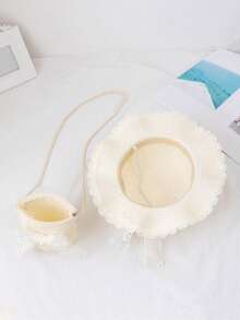 2pcs/Set Kids Straw Hat & Bag Set, Summer Children Sun Protection Hat, Baby Straw Hat And Straw Bag, Cute Wide Brim Woven Sun Hat, Suitable For Kids And Girls - White - View 5