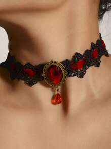 1 pièce Collier ras-du-cou gothique vintage incrusté de pierres précieuses en dentelle noire, accessoire de mode unique et charmant pour femmes