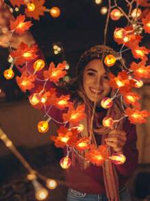 2pcs/1pc-Autumn Lights Thanksgiving Autumn Decoration,Thanksgiving Decorative Maple Leaf Pumpkin Lantern,Lighting Autumn Garland 10LED Autumn Leaf Garland String Lights Plug-In Maple Leaf Lights Autumn Harvest Halloween Decoration Indoor Qutdoor Holiday Home Decoration