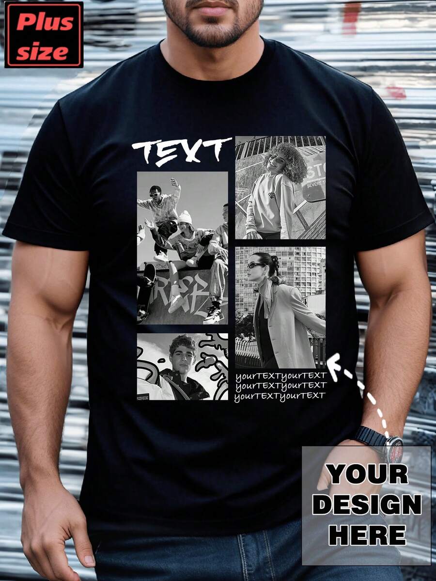 Photo Personalized Plus Size T-Shirt For Men, Custom Patterns/Logos, Plus Size Men's Apparel, Personalized Graphics Crew Neck Plus Size Black Sports - Black - View 1
