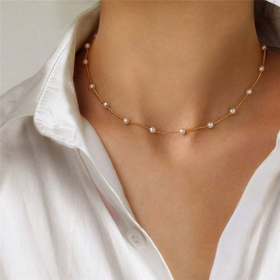 1 szt. Naszyjnik ze sztucznych pereł Modny łańcuszek typu choker na obojczyk Damska biżuteria na szyję Elegancka