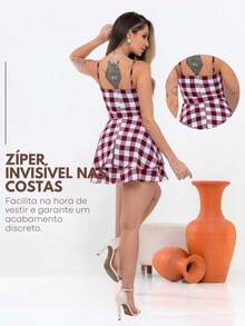 Plaid Jumpsuit Dress S To GG Women's June Party Look São João Fabric Duna Short Stylish Bow Waist Plaid Casual Cute Party Hem With Ruffle With Belt - 紅白色 - 查看 4