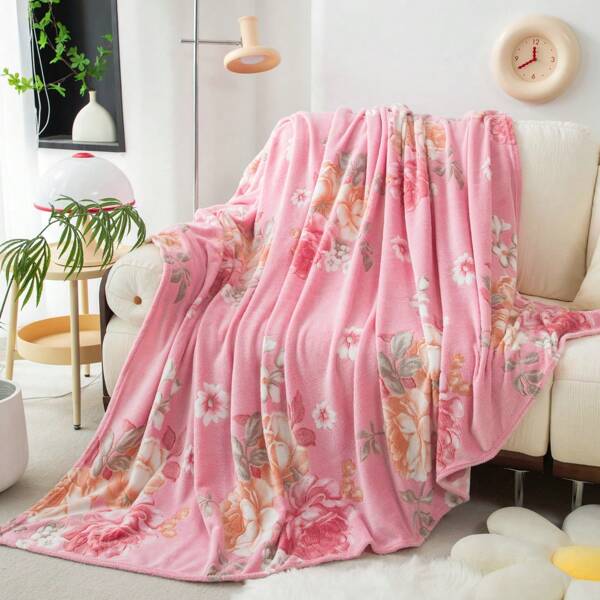 1pc Polyester Flannel Blanket, Floral Print Blanket, Cow Pattern Wool Blanket, Home Bedroom Bed Blanket, Sofa Throw Blanket, Summer Blanket, Office Nap Blanket, Pink Blanket, Soft Blanket, Warm & Comfortable All Season Blanket, Home Textile