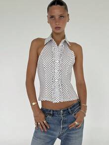 Women Button Down Halter Shirt Y2k Ruffle Collared Halter Top Backless Lapel Collared Sleeveless Button Up Shirt - Ngà voi - Xem 1