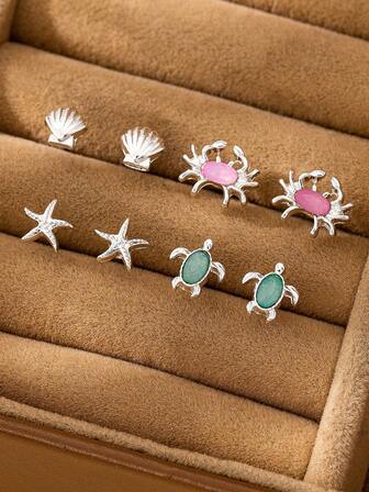 4 pares de aretes tipo pendiente con diseños de caracola, estrella de mar y tortuga pequeña, minimalistas y multifuncionales