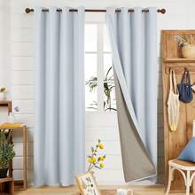 2 Pcs Full Blackout Curtains Faux Linen For Bedroom & Living Room - 100% Light Blocking Thermal Insulated Room Darkening, Noise Reducing, Modern Contemporary Style, 52 Inch Wide - 淺藍色 - 查看 1