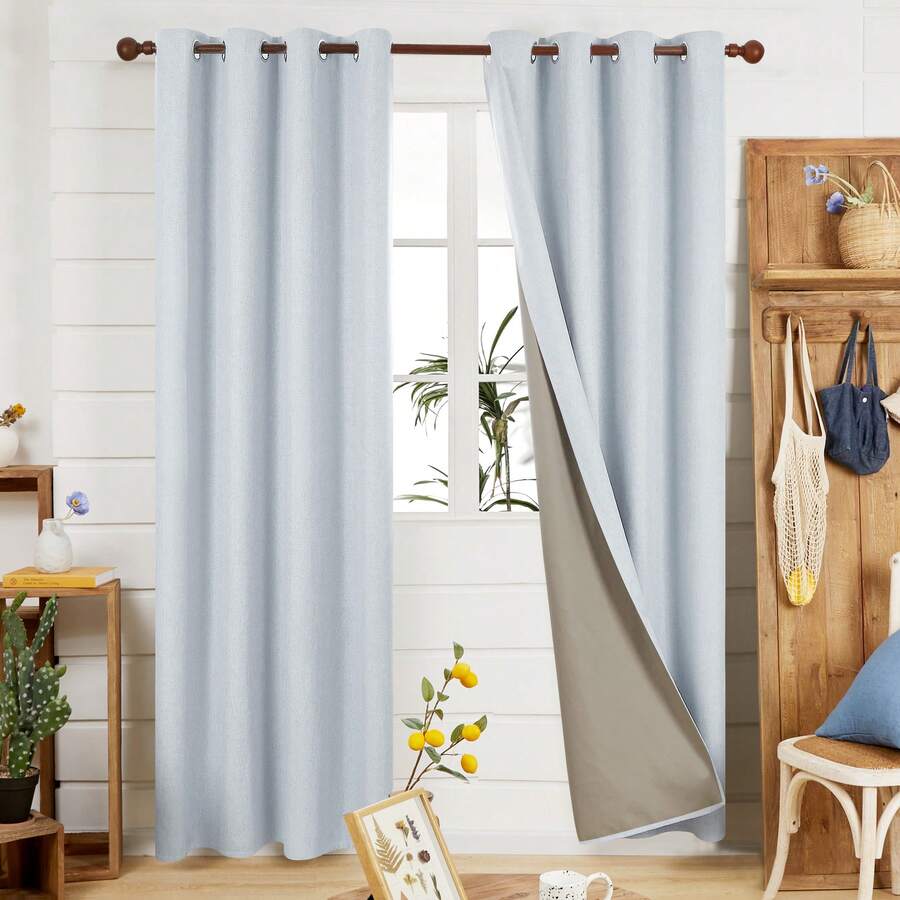 2 Pcs Full Blackout Curtains Faux Linen For Bedroom & Living Room - 100% Light Blocking Thermal Insulated Room Darkening, Noise Reducing, Modern Contemporary Style, 52 Inch Wide - 淺藍色 - 查看 1