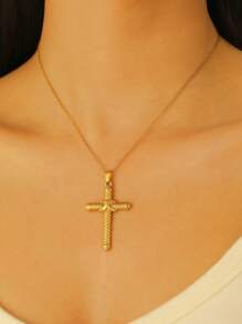 1 pièce Collier mode rétro en acier inoxydable croix, pendentif ovale creux avec chaîne en arête de poisson, convient pour un port quotidien, pour les fêtes et les festivals