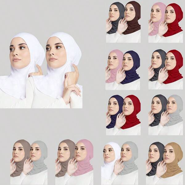 2 piezas Gerinly Sólido Sombrero inferior de musaraña de mujer, Gorro turbante liso Muslimah, Accesorio de Ramadán, 100% Poliéster Turbante elástico de cobertura total, Chal protector para el cuello y la cabeza completa para damas, Este pañuelo protector de cobertura total se ajusta al cuello y al gorro para un sombrero inferior diario que protege el cabello.