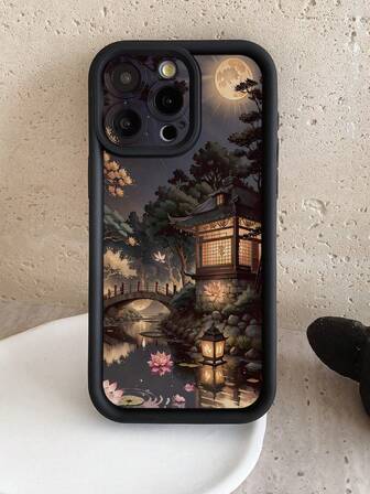 1pc Moon & Lotus Pattern Thick Protective Camera Lens Cover Shockproof Black Phone Case Compatible With IPhone 11 Pro Max/12 Pro Max/13 Pro Max/14 Pro Max/15 Pro Max/16 Plus/16 Pro Max, 16E, Galaxy A55/A15/S24 Ultra/S25 Ultra, Redmi, OPPO/Realme, VIVO, Infinix, Honor, MOTO, One Plus Waterproof Anti-Fall Scratch Resistant