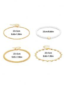 4件套夏季多层脚链复古沙滩金属链爱心米珠新娘脚链套装情人节配饰 - 彩色 - 查看 3