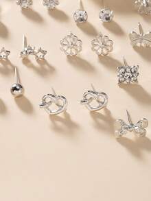 30 件/套金属仿珍珠简约可爱时尚耳钉，多种设计包括叶子、星星、花朵、心形、蝴蝶结，适合送礼和日常佩戴 - 銀色 - 查看 5