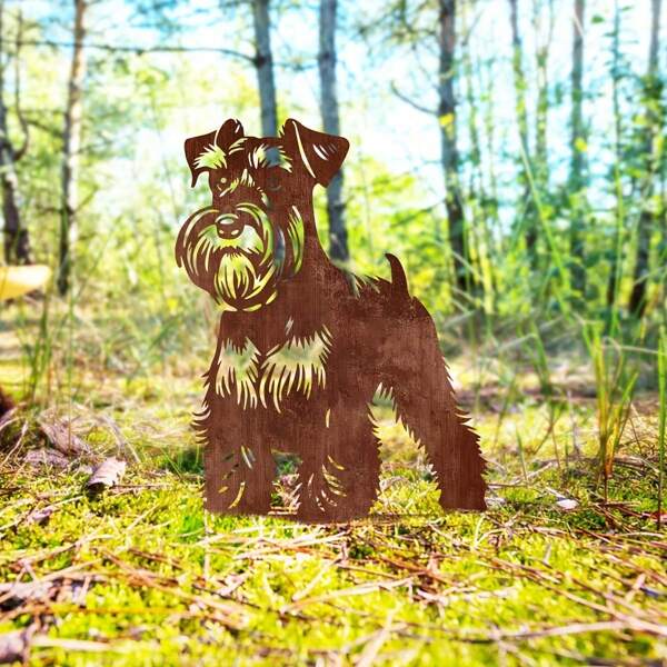 1 stuk roestige metalen tuinpaal voor een schnauzerhond - klassiek ontwerp als gedenkteken voor huisdieren en decoratie voor in de tuin, geen batterijen nodig, perfect voor Moederdag, buitendecoratie voor hondenliefhebbers, rustieke bruine afwerking, in de grond te plaatsen, grafsteen voor huisdieren | Schnauzerontwerp | duurzaam buitengebruik, gedenkcadeaus voor honden