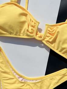 Women's Bright Yellow Bikini Set. Wide Strap Design, Fashionable And Eye-Catching, Perfect For Sunny Beach Looks. - Yellow - View 4