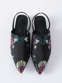 Zuecos de punta fina con bordado para mujer, de tacón plano, para primavera y verano