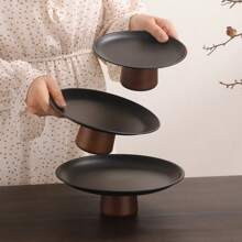 1pc Stainless Steel Cake Stand With Wooden Base, Multi-Functional Dessert Display Plate, Fruit Tray Suitable For Dining Table Decor, Home And Kitchen Use, Ramadan