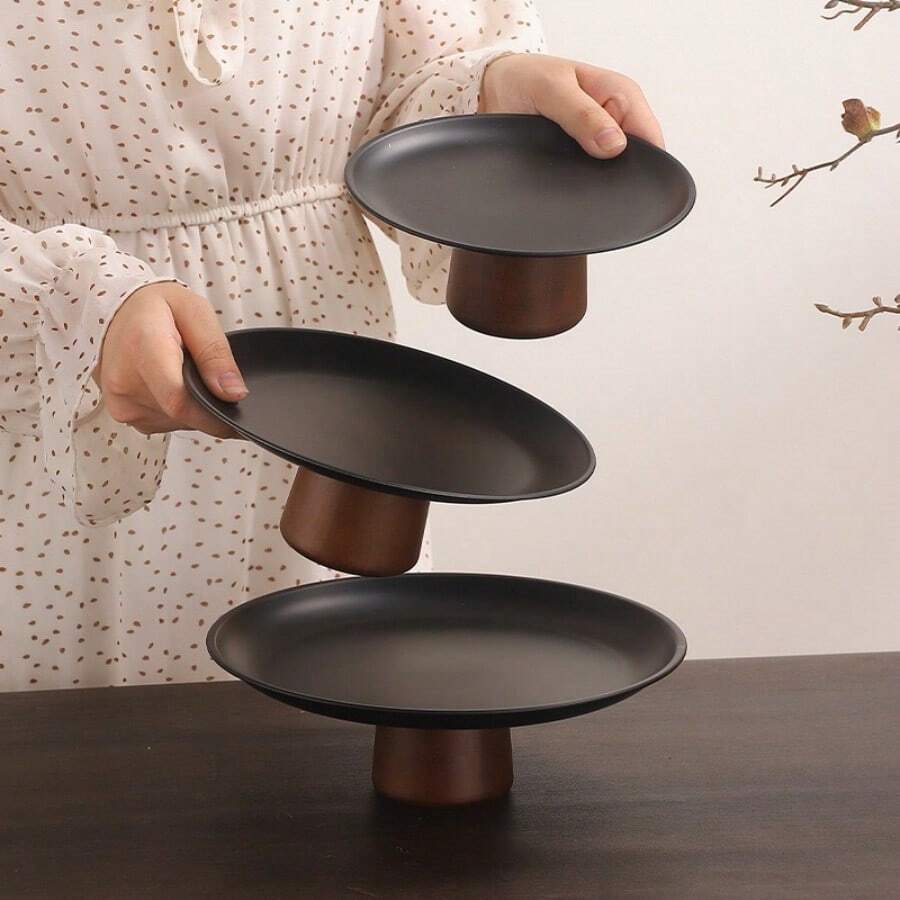 1pc Stainless Steel Cake Stand With Wooden Base, Multi-Functional Dessert Display Plate, Fruit Tray Suitable For Dining Table Decor, Home And Kitchen Use, Ramadan