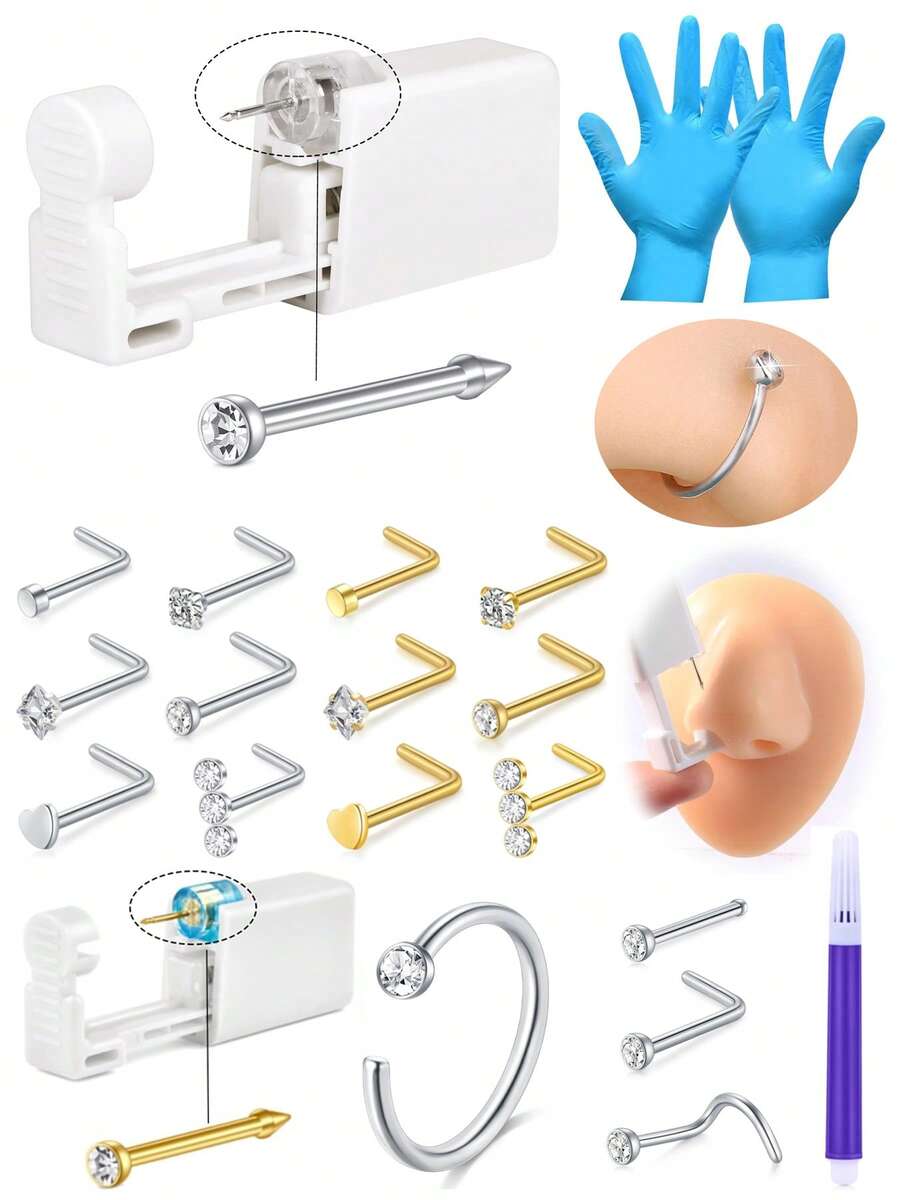 Nose Piercing Kit, Piercing Gun Built-In Nose Studs, Painless Self Piercing Kit With 20G Nose Hoop Rings Studs, Disposable Piercing Gun For At Home Nose Piercing Silver Gold - Multicolor - View 1