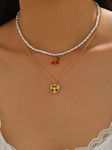 2 件套迷人樱桃仿珍珠金手工项链，时尚珠宝适合女性日常佩戴、约会和聚会