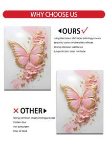 3Pcs/Set, Optional Frame, High Quality Print Painting, Modern Style, Butterfly, Pink, Gold, Flowers, Three-Dimensional Craft, Sweet Style, Home Decoration, Decorative Painting, Suitable For Living Room, Sofa, Bed, Hallway, Bedroom, Bathroom, Office, Perfect Art Gift