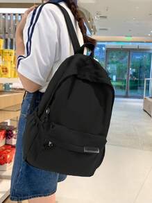 Mochila grande de estilo colegial casual e minimalista com vários bolsos e logotipo em letra, adequada para compras, transporte, passeios, viagens e escola