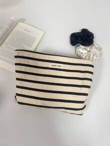 1 Pc Black And White Striped Pattern Clutch Makeup Bag With Canvas Interior, Large Capacity Makeup Storage Bag, Toiletries Organizer Cosmetic Pouch For Travel Essentials Vacation Summer Holiday Back To School School Stuff Bag For School Travel Bag For Women Makeup Bag For Travel Make Up Bag - Multicolor - View 4