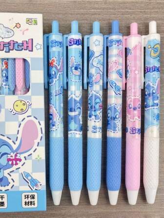 6-Pack Stitch, Boxed Press Pen, snel drogende studentenexamenpen, zwarte carbonpen, schattige penseelpen, meisjesachtige cartoon neutrale pen, kop van 0,5st, goed cadeau voor het schoolseizoen, schoolbenodigdheden, terug naar school