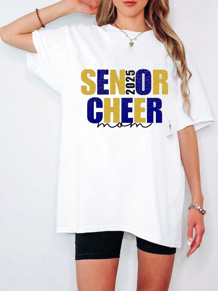 Senior Cheer Stuff Mom Shirt Custom Senior Cheer Mom T-Shirt Personalized Cheer Mom Tee Custom Cheer Mom Tshirt,Oversized Short Sleeve Classic Heavy Cotton T Shirt Printed Graphic Tee Women's Casual Short-Sleeved Top - White - View 1