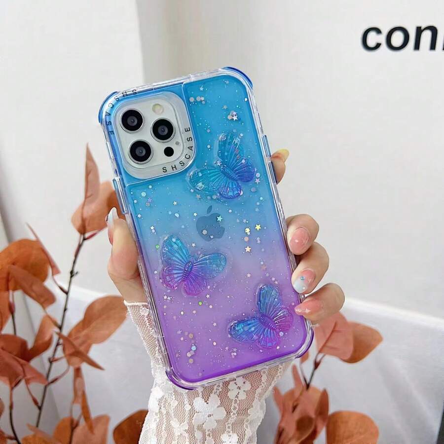 MZ007 fundas SHS 3en1 difuminado mariposa 3D diseño protector carcasa triple protección anti golpes compatible con iPhone y Android estilo colorido y creativo - Morado - Ver 1