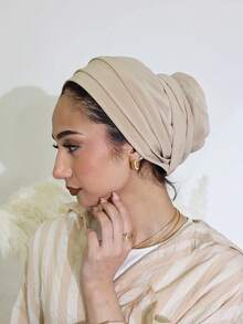 1pc Women Plain 3-Layer Women Head Scarf,Women Hijab Cap,Anti-Slip Long Trailing Elastic Headband Turban Cap, Breathable Comfortable Wide-Edged Sweatband Multipurpose Sports Headwrap, Suitable For Daily Life, Sports, Yoga, Fitness And Fashion - Beige - View 3