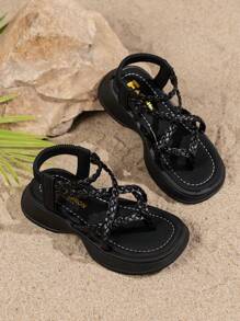 1 Pair Kids Flat Sandals, New Summer Soft-Sole Comfortable Girls Sandals With Hollow Woven Design, Casual Slip-On Beach Vacation Shoes