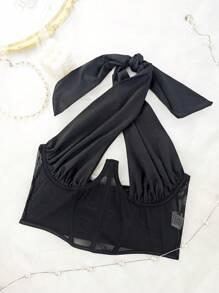 1pc Sheer Mesh Sexy Bustier Crop Top, Lace-Up Spaghetti Strap Corset Vest For Party