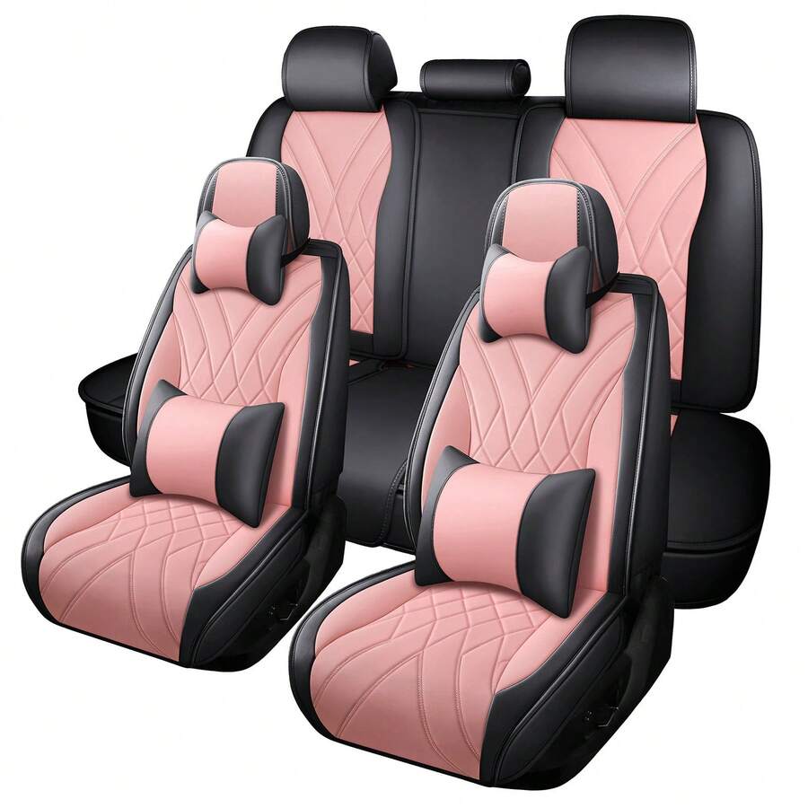 Waterproof 5 Seat Luxury PU Leather Car Seat Covers Full Set Cushion Protector Fit Single Front Seats And Solid Bench 40/60 50/50 60/40 Split Bench Back Universal Fit For Most Cars - Pink - View 1